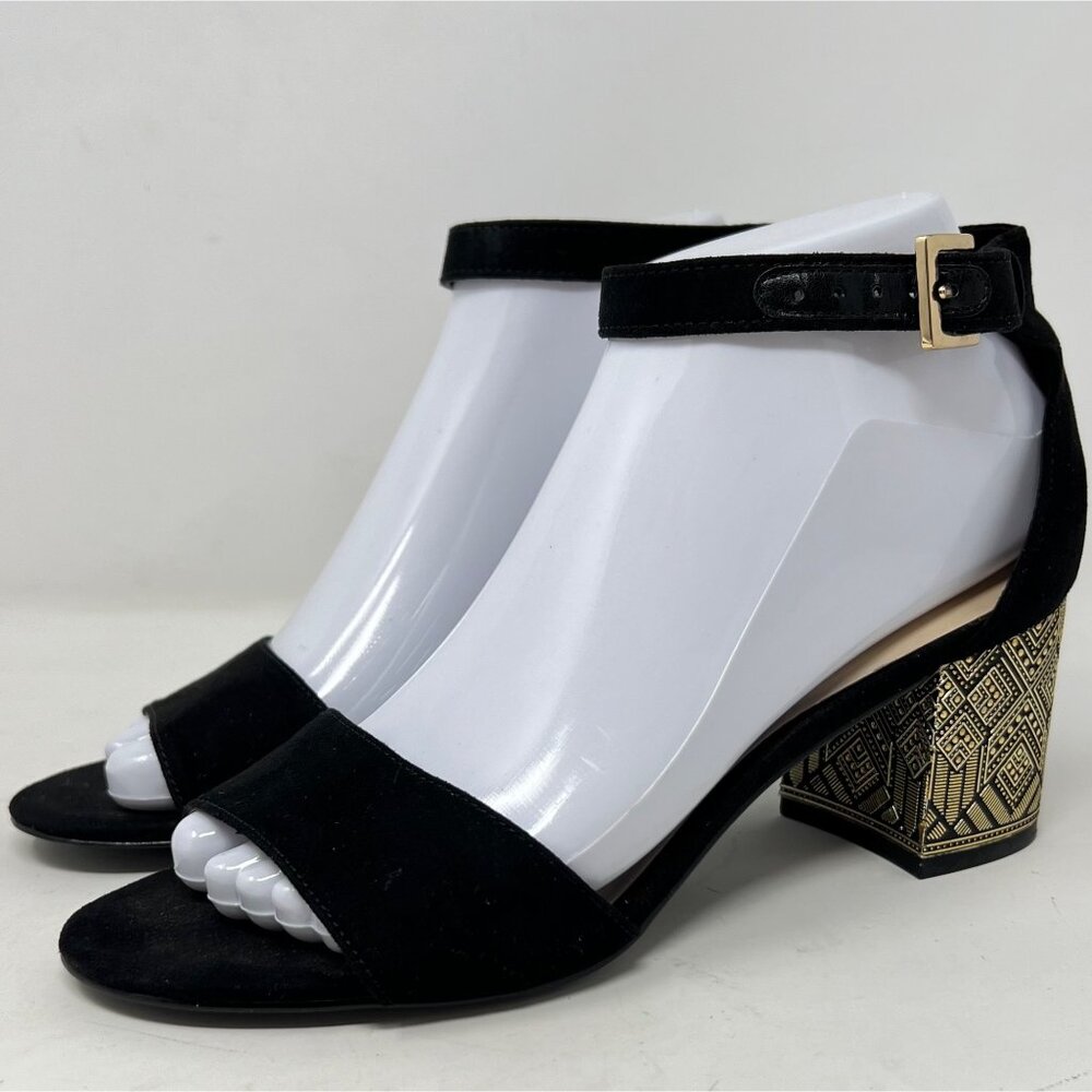 Nine‎ West Black Faux Suede Ankle Strap Gold Design Block Heels Size 6.5M